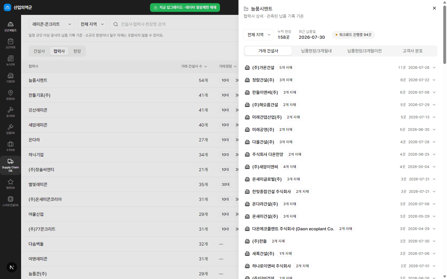 협력사 상세 드로어에서 거래 건설사 목록을 보여주는 화면